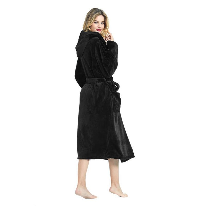 HEARTNICE Womens Hooded Fleece Robe, Soft Plush Bathrobe for Womens, Fluffy Cute Long House Coat (Black Hooded, L/XL) - Image 3
